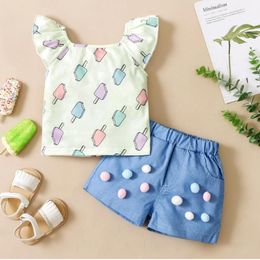 Baby zomer sets baby kleding popsicle print fly mouw vierkante kraag trui effen kleur shorts met pom poms zak