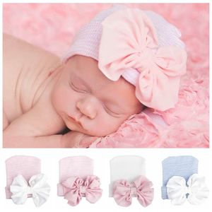 Chapeau à nœud en mousseline de soie pour bébés filles, grandes casquettes à nœud papillon, Bonnet en coton tricoté à rayures, accessoires pour cheveux d'enfants, accessoires Photo