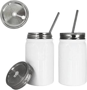 Sublimatie Blanco Mason Jar Tumbler 17 OZ Rvs Wit Waterbeker met stro en deksel DIY Warmteoverdracht Print Mokken FY5078