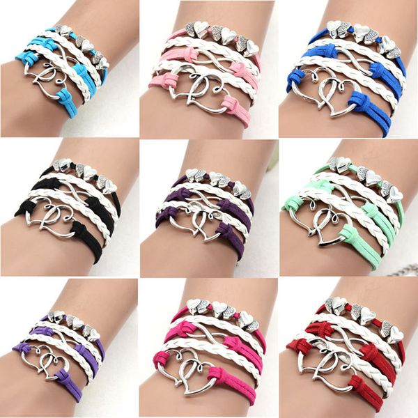 Infinity Double coeur Bracelet armure cuir bracelets d'enveloppement multicouche femmes mode hip hop bijoux à bricoler soi-même