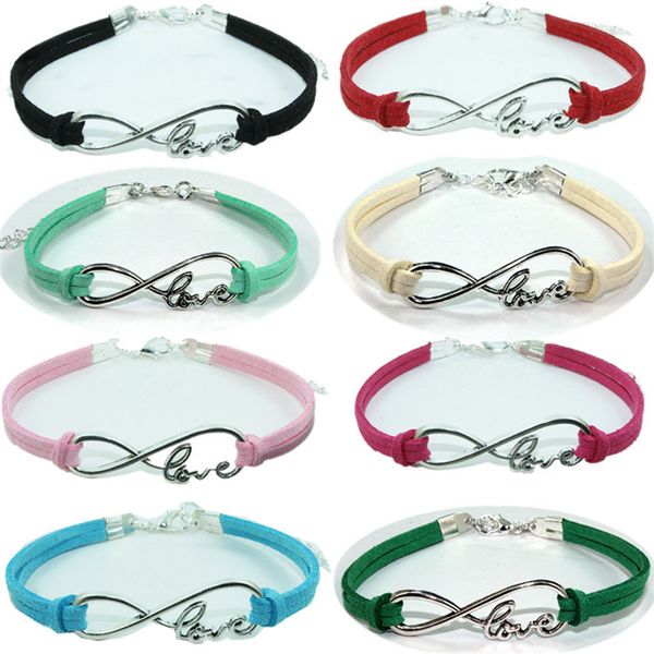 Infinity Love Bracelets à breloques en argent numéro huit en daim et cuir, cadeau de promotion pour femmes et filles, bracelet en alliage métallique rose