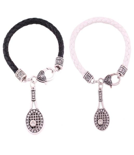 Raqueta de tenis de cristal Infinity Love con dije de bola, pulseras colgantes, regalos de Navidad, pulseras de cuero blanco y negro a la moda para mujer 3790592