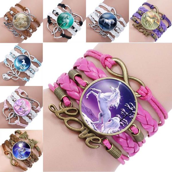 Infinity Unicorn Bracelet Love Charm Pegasus Unicorn Glass Cabochon Multilayer Wrap Pulseras Brazalete de muñeca Puños para mujeres niños Joyería de moda