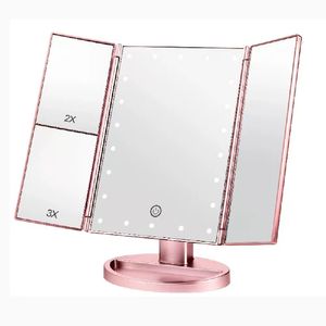 Infitrans Miroirs compacts de maquillage éclairés à 3 plis Grossissement 2X/3X Table lumineuse 22 LED avec écran tactile Rotation réglable à 180° Utilisation portable en voyage