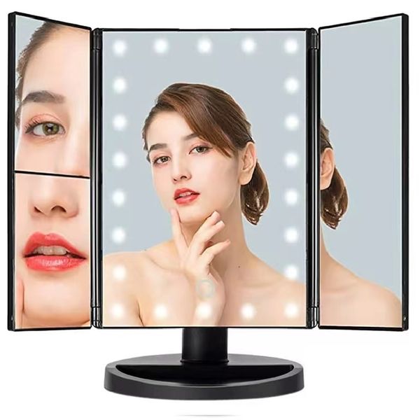 Infitrans Miroir compact de maquillage éclairé à 3 plis, grossissement 1X/2X/3X, 22 miroirs de table lumineux à LED, écran tactile, rotation réglable à 180 degrés, portable