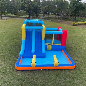 Casa de rebote inflable con toboganes de agua Piscina de bolas Piscina de agua Parque Tobogán Niños Saltando Casa hinchable Patio Centro de juegos al aire libre con toboganes Cañones de agua dobles