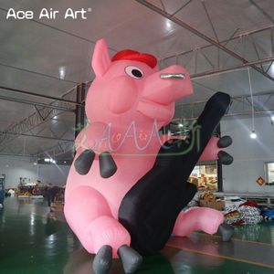 Carton de cochon rose gonflable avec guitare Animal gonflable pour exposition publicitaire en plein air