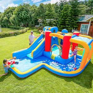 Toboggan gonflable Parc aquatique avec piscine Bounce House Sports Playhouse pour enfants Backyard Outdoor Play Fun in Garden w / Basketball Hoop Toys Small Gifts Party