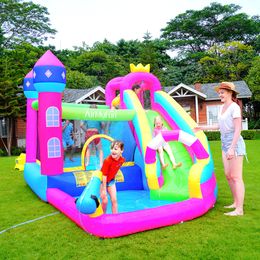 Opblaasbare waterglijbaan en springkasteel combo Springkasteel Park speelhuisje voor kinderen Springkussen met plonsbad Buiten achtertuin Prinsessenkroon Thema Waterglijbaan Speelgoed