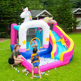 Maison gonflable de rebond de toboggan aquatique, maison de jeux pour enfants, parc extérieur, château gonflable avec toboggan aquatique, thème licorne, videur avec souffleur pour piscine humide et sèche, piscine à balles