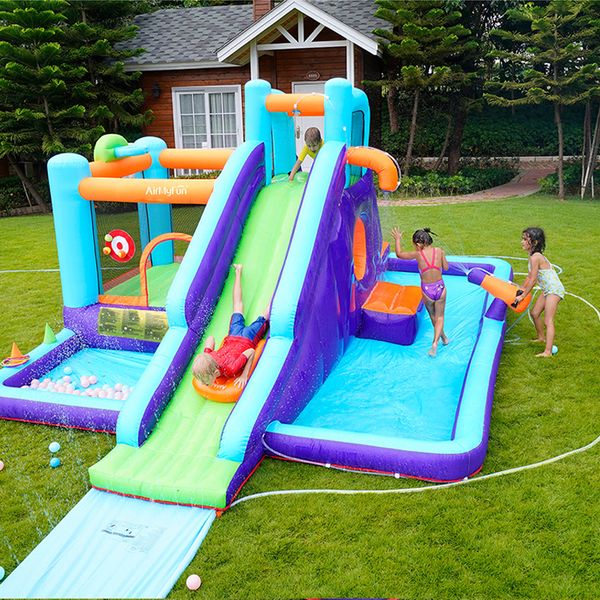 Parc de toboggan gonflable, maison de rebond, château de toboggan pour enfants, maison de fête, piscine à éclaboussures, explosion pour enfants dans le jardin avec souffleur d'air de 450 W, tir à la balle, escalade, saut amusant