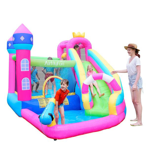 Toboggan gonflable avec maison de rebond, château sautant, parc combiné, maison de jeux pour enfants, gonflable avec piscine à éclaboussures, jouets de toboggan aquatique sur le thème de la couronne de princesse dans le jardin extérieur