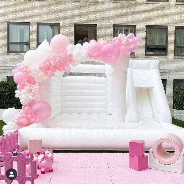 Castillo inflable combinado de rebote blanco para boda, con tobogán y piscina de bolas, cama de salto, castillo hinchable, gorila rosa, paseo lunar para juguetes divertidos