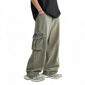 inflation Acide Mer Cargo Jeans Men Street Style Vintage Wide Leg Denim Pants Z5II #