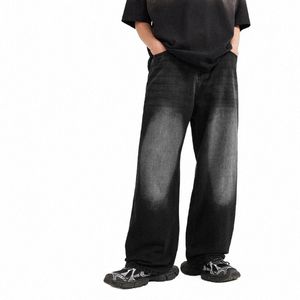 Inflation Streetwear Retro Wide Leg Jeans Hommes Noir Classique Loose Fit Denim Pantalon u0jk #