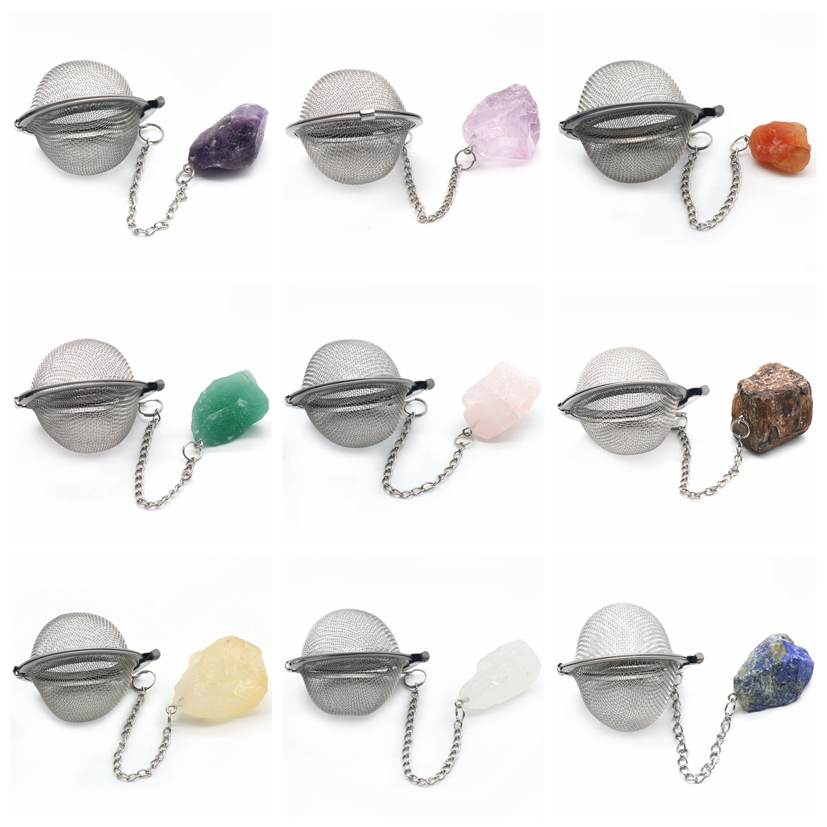 Infusers for Loose Tea Mesh Strainer with Extended Chain Key Rings Hook Stainless Steel Charm Energy Drip Trays Crystal Shaker Ball