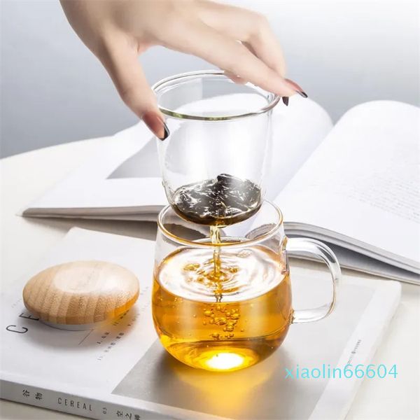 Infusion de verre verre borosilicaté à haute teneur en thé domestique tasse à thé séparée avec couvercle filtre verre bambou couverture fleur tasse à thé
