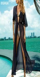 Ingaga 2020 Cover ups TUNIC SWIPSUIRME MIS à manches longue robe de plage de plage noir de maillot de bain brillant transparent transparent plage de plage Summer9052718
