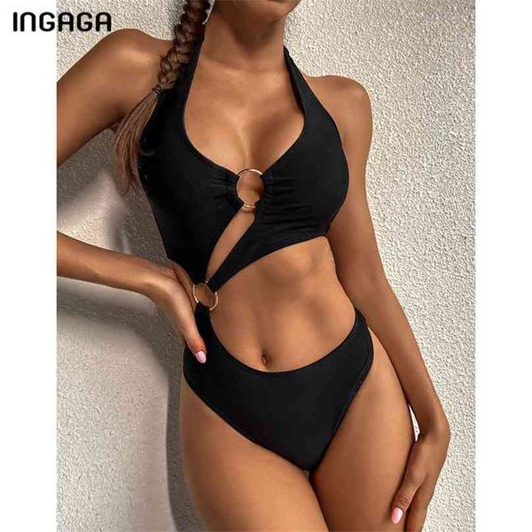 INGAGA Trajes de baño negros Mujeres Push Up Traje de baño Cut Out Monokini Sexy High Bodysuits Vendaje Halter Bañistas 210611