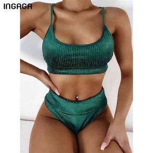 Ingaga Hoge Taille Bikini's badpakken geribbelde badmode Push-up Biquini Sexy Cut Bathing Suits Navy Beachwear 210629