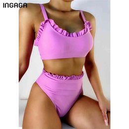 Ingaga hoge taille bikinis ruche vrouwen badpakken push-up biquini sexy gesneden badmode badpakken beachwear 210625