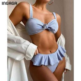 INGAGA Ruffle Bikinis Push Up Traje de baño para mujer Traje de baño Trajes de baño acanalados Trajes de baño de cintura alta Biquini Ropa de playa anudada 210722