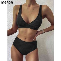 Ingaga sexy bikinis hoge taille badmode vrouwen badpakken push-up biquini geribbelde badpakken zwarte v-hals bikini set 210702