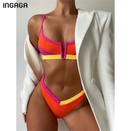 INGAGA Sexy Bikinis Trajes de baño acanalados Mujeres Traje de baño Push Up Trajes de baño Sólido Patchwork Ropa de playa Tanga Corte alto Biquini 210407