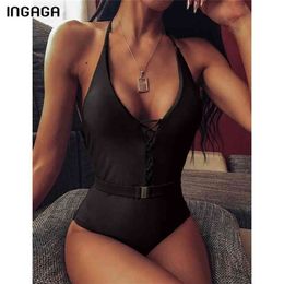 INGAGA Sexy Lace-up Swimsuit Fused Solid Halter Badmode Vrouwen High Cut badpak Beach Deep V body 210.702