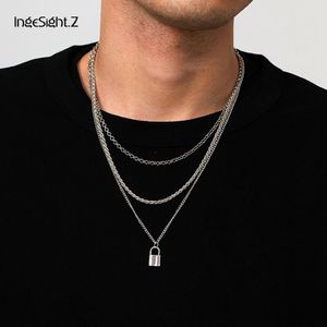 IngeSight Z Gothic Multi Gelaagde Zilveren Kleur Link Chain Choker Ketting Kraag voor Vrouwen Mannen Hangslot Hanger Kettingen Jewelry283D