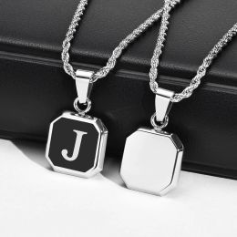 Collier pendentif lettre initiale en or blanc 14 carats pour hommes garçons, collier monogramme majuscule carré alphabets de collier de chaîne en corde torsadée A-Z