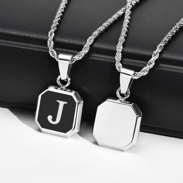 Collier pendentif lettre initiale en or blanc 14 carats pour hommes garçons, collier monogramme majuscule carré alphabets de collier de chaîne en corde torsadée A-Z