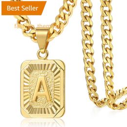 Initial A-Z Letter Men Box Cubaanse ketting cadeau 18K vergulde A-Z hoofdletter vierkante roestvrijstalen hanger ketting