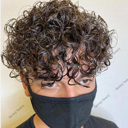 Geïnjecteerde heren krullende pruik durbale dunne huidtoupete browm zwart haarvervangingssysteem onzichtbaar volle poly pu pu menselijke toupees