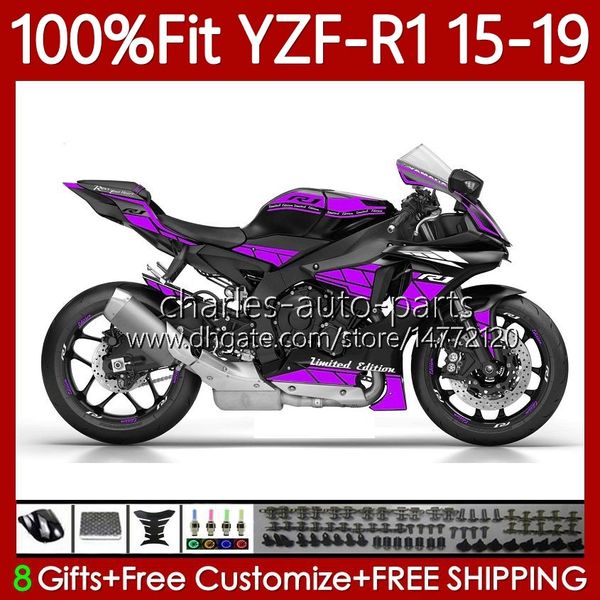 Carenados de inyección para YAMAHA YZF R 1 1000CC YZF-R1 2015-2019 104No.129 YZF R1 1000 CC YZF-1000 YZFR1 15 16 17 18 19 YZF1000 Púrpura brillante 2015 2016 2017 2018 2019 Kit de carrocería OEM