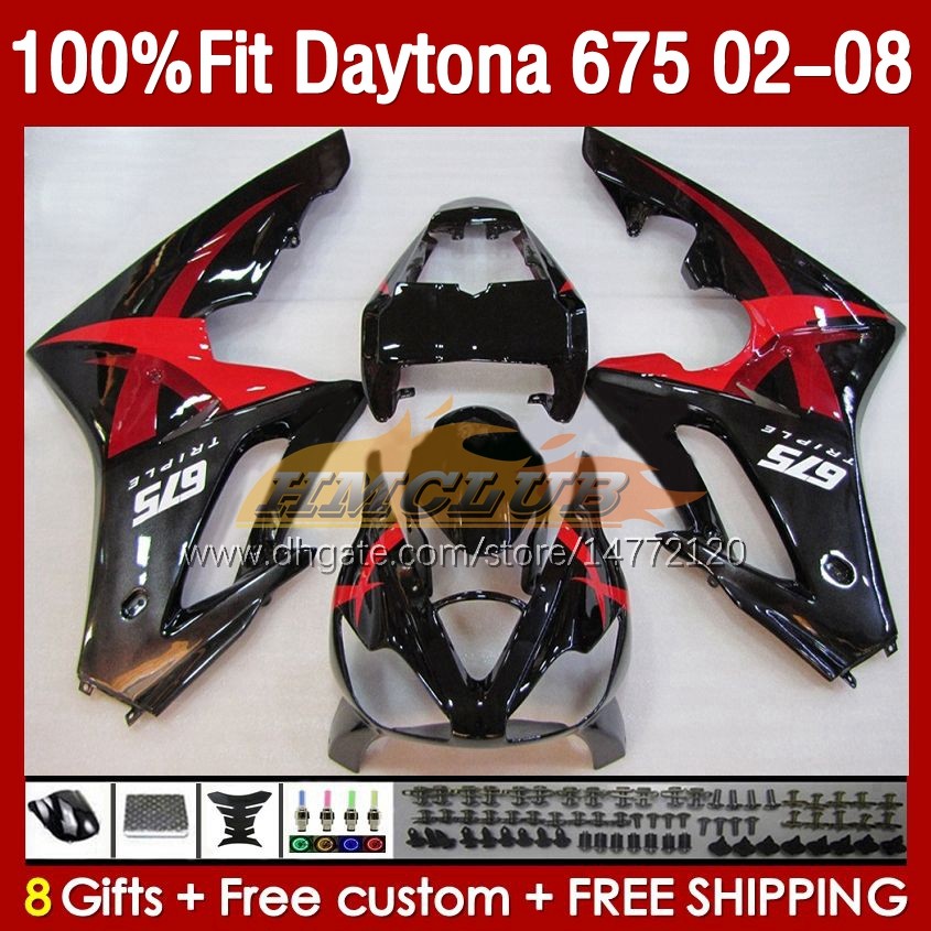 Einspritzverkleidungen für Daytona-675 02–08, schwarz, rot, schwarz, Daytona 675 R 675R 02 03 04 05 06 07 08, Karosserie 148 Nr. 50, Daytona675 2002 2003 2004 2005 2006 2007 2008 OEM Body Kit