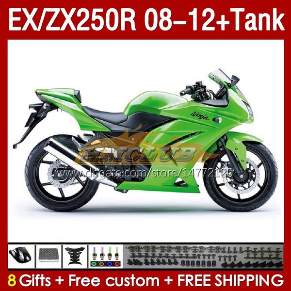 Tanque de carenados de inyección para KAWASAKI NINJA EX250R ZX250R 2008 2009 2010 2011 2012 ZX250 EX250 R 163No.102 ZX-250R 08-12 EX ZX 250R 08 09 10 11 12 OEM Carenado verde stock