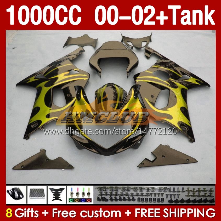 Injektionsmässa tank för Suzuki GSXR 1000 CC 1000cc K2 00-2002 BODY 155NO.163 GSX-R1000 GSXR-1000 GSXR1000 00 01 02 GSX R1000 2001 2002 2002 OEM FAIRING GOLDEN FLAMS