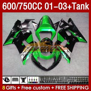 Tanque de carenados de molde de inyección verde para SUZUKI GSXR750 GSXR-750 GSXR600 750CC K1 2001 2002 2003 152No.87 600CC GSXR-600 01-03 GSXR 750 600 CC 01 02 03 Carenado OEM