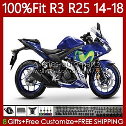 Cuerpo de molde de inyección para YAMAHA YZFR3 YZF-R25 YZFR25 14-18 Carrocería azul 102No.65 YZF R 3 25 R3 R25 14 15 16 17 18 YZF-R3 2014 2015 2016 2017 2018 Kit de carenado OEM