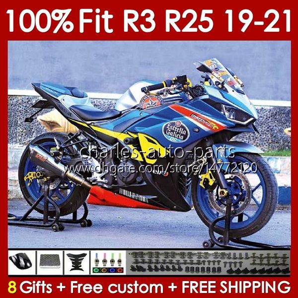 Corps de moulage par injection pour YAMAHA YZFR3 YZF-R25 YZFR25 2019-2021 Carrosserie 141No.21 100% Fit YZF R 3 25 R3 R25 19 20 21 Cadre YZF-R3 2019 2020 2021 Kit de carénage OEM bleu stock noir