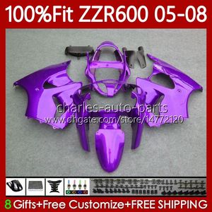 Corps de moulage par injection pour KAWASAKI NINJA 600CC ZZR600 05 06 07 08 Carrosserie 134No.26 100% Fit ZZR-600 600 CC 05-08 ZZR Violet brillant 600 2005 2006 2007 2008 Kit de carénages OEM