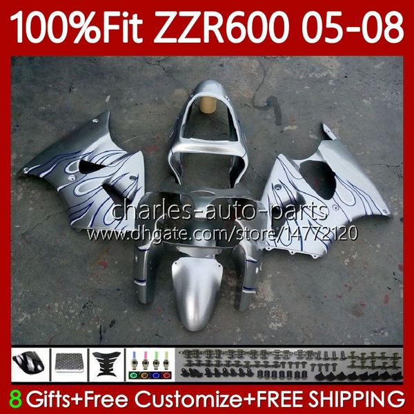 Cuerpos de molde de inyección para KAWASAKI NINJA 600CC ZZR600 05 06 07 08 Carrocería 134No.53 100% Fit ZZR-600 600 CC 05-08 ZZR 600 Llamas azules 2005 2006 2007 2008 Kit de carenado OEM