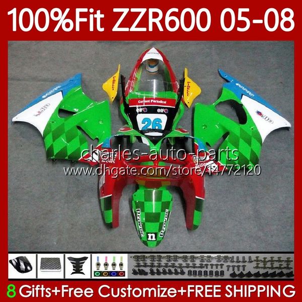 Cuerpos de molde de inyección para KAWASAKI NINJA 600CC ZZR600 05 06 07 08 Carrocería 134No.55 100% Fit ZZR-600 Verde rojo 600 CC 05-08 ZZR 600 2005 2006 2007 2008 Kit de carenado OEM