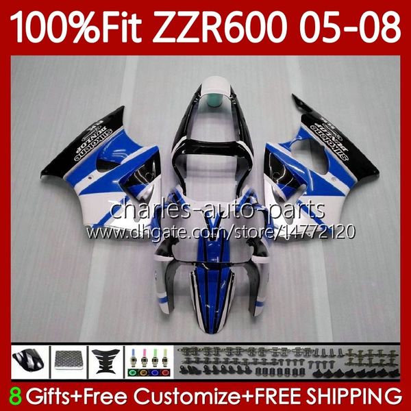 Carrocería de moldeo por inyección para KAWASAKI NINJA ZZR600 600CC 2005 2006 2007 2008 Cuerpo 134No.114 100% Fit ZZR-600 600 CC 2005-08 ZZR 600 Blanco azul negro 05 06 07 08 Kit de carenado OEM