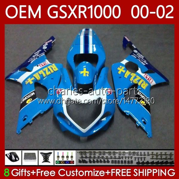 Molde de inyección Carenados para SUZUKI 1000CC RIZLA azul GSXR-1000 GSX R1000 GSXR 1000 CC 00 01 02 Carrocería 62No.60 GSXR1000 K2 2001 2002 2002 GSX-R1000 01-02 Kit de carrocería OEM