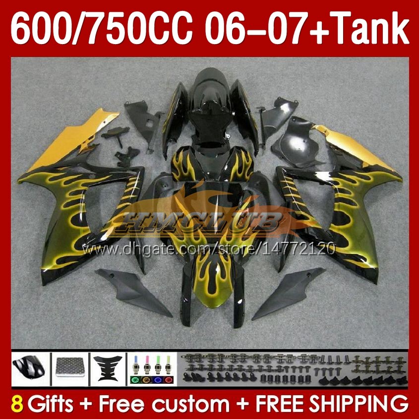 Injection Mold Fairings & Tank For SUZUKI GSXR750 GSXR600 K6 GSX-R600 2006 2007 154No.60 GSXR-750 GSXR 600 750 CC 750CC 06-07 600CC GSXR-600 06 07 OEM Fairing yellow flames