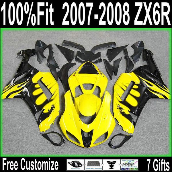 Moulage par injection pour 2007 2008 kawasaki zx6r carénage kit noir jaune ninja zx636 carénages 07 08 zx 6r 636 UJ85