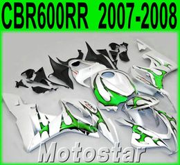 Moulage par injection Bodykits populaires pour Honda CBR600RR 07 08 Flares CBR 600RR F5 2007 2008 Flammes verts dans le kit de carénage en plastique argenté KQ87