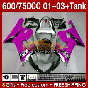 Tanque de carenados de molde plateado rosa de inyección para SUZUKI GSXR750 GSXR-750 GSXR600 750CC K1 2001 2002 2003 152No.109 600CC GSXR-600 01-03 GSXR 750 600 CC 01 02 03 Carenado OEM